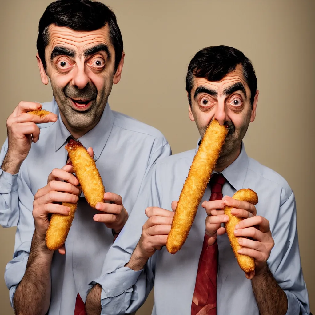 Prompt: An Alec Soth portrait photo of Mr. Bean eating a corndog