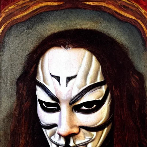 Image similar to a renaissance style portrait painting of V for Vendetta