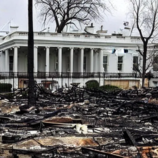 Prompt: Burned Ruins of White House in USA after bombing, photo