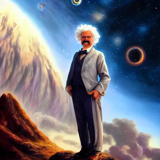 Image similar to mark twain stands at the edge of the universe, artgerm