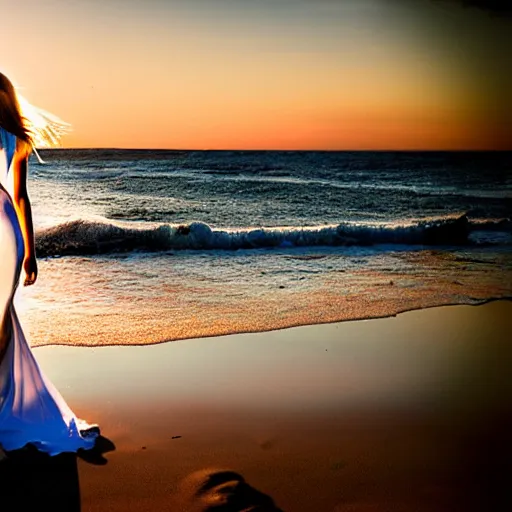 Image similar to a beautiful photograph of a woman in a white dress on the beach at sunset, by chris freilich