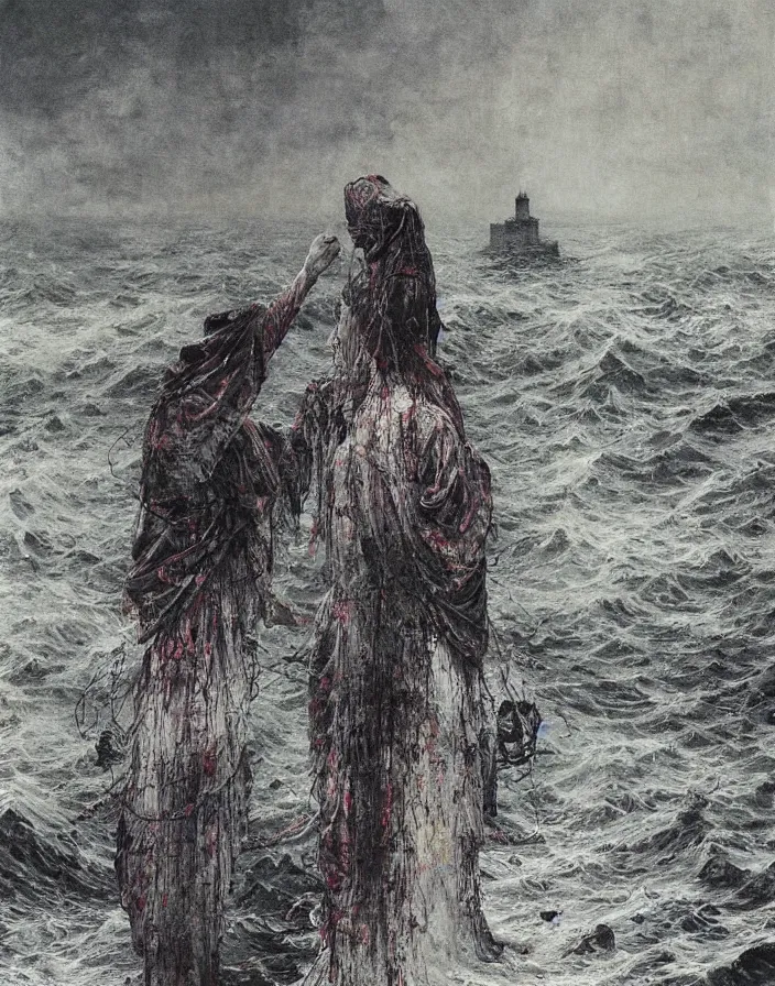 Image similar to worshippers in tattered robes belonging to the cult of the lighthouse standing in waves, a lighthouse, high detailed beksinski painting, part by adrian ghenie and gerhard richter. art by takato yamamoto. masterpiece, dark and moody, deep colours,