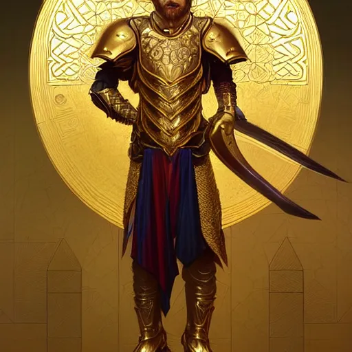 Image similar to Lionel Messi wearing a beautiful golden armor, D&D, fantasy, intricate, elegant, highly detailed, digital painting, artstation, concept art, matte, sharp focus, illustration, art by Artgerm and Greg Rutkowski and Alphonse Mucha