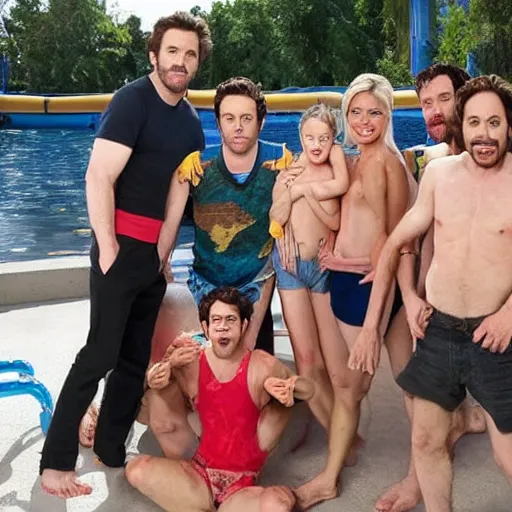 Image similar to the cast of its always sunny in philadelphia hanging out with the mcpoyles at a water park