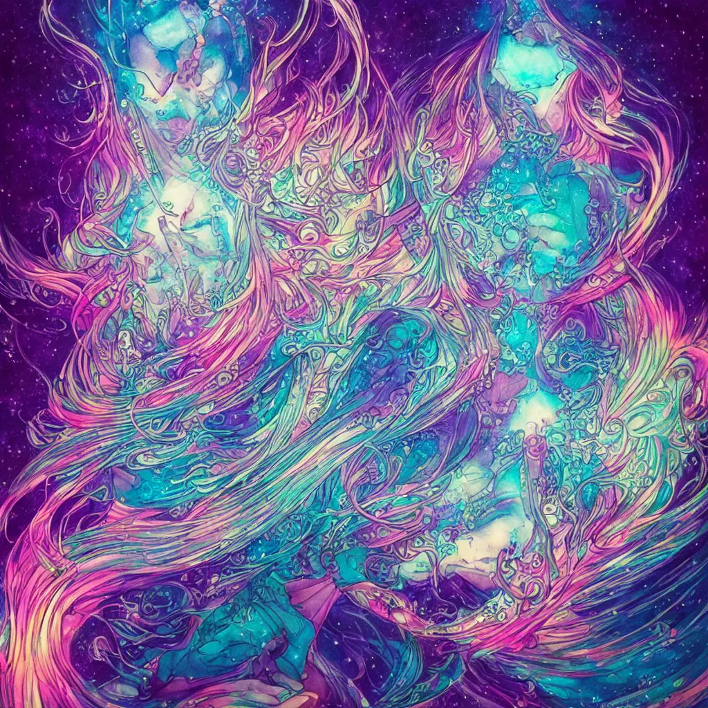 Image similar to in the holy ocean, kaleidoscope, psychedelic, cosmic energy by kelly mckernan, yoshitaka amano, hiroshi yoshida, moebius, artgerm, cool tone gothic colors, inspired by dnd, iridescent aesthetic