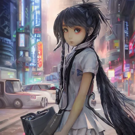 Image similar to dynamic composition, motion, ultra-detailed, incredibly detailed, a lot of details, amazing fine details and brush strokes, colorful and grayish palette, smooth, HD semirealistic anime CG concept art digital painting, watercolor oil painting of Clean and detailed post-cyberpunk sci-fi close-up schoolgirl in asian city in style of cytus and deemo, blue flame, relaxing, calm and mysterious vibes,, by a Chinese artist at ArtStation, by Huang Guangjian, Fenghua Zhong, Ruan Jia, Xin Jin and Wei Chang. Realistic artwork of a Chinese videogame, gradients, gentle an harmonic grayish colors. set in half-life 2, Matrix, GITS, Blade Runner, Neotokyo Source, Syndicate(2012), dynamic composition, beautiful with eerie vibes, very inspirational, very stylish, with gradients, surrealistic, dystopia, postapocalyptic vibes, depth of field, mist, rich cinematic atmosphere, perfect digital art, mystical journey in strange world