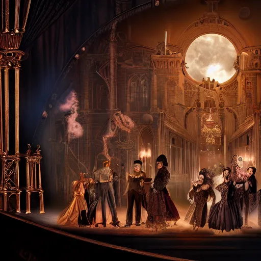 Image similar to steampunk phantom of the opera, hyper realistic, theatrical lighting, 8k resolution, highly detailed