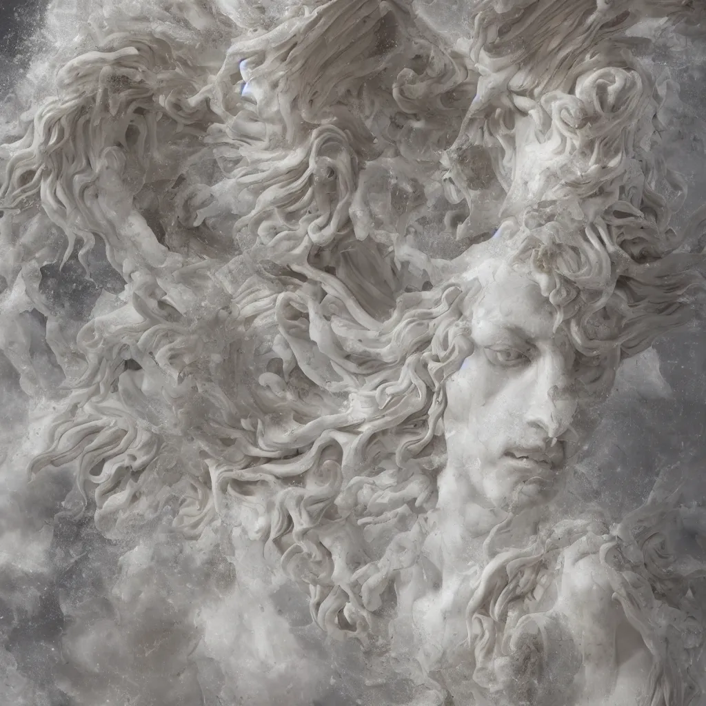 Image similar to realistic digital painting of a stunning intricate cracked white marble falling angel with face of piero angela bernini sculpture, trailing white vapor, mycelium stands and misty xparticles neutral tone background, trending on artstation, hyperrealism, matte painting, subsurface scattering