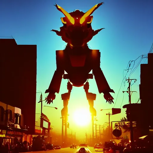 Image similar to photo of an enormous full sized needle - felted mecha king ghidorah crossing a busy street golden hour