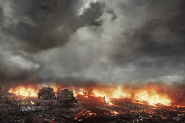 Prompt: chaotic battlefield, multiple soldiers on the ground!, thick dark smoke!, vehicles on fire, heavy rain from thick clouds, storm, overgrowth, (mushroom cloud) in the background, bleak, melancholy atmosphere, band of brothers, bf1942, 4k artwork by Gregory Crewdson and Grzegorz Domaradzki and Ivan Shishkin and Jakub Rozalski