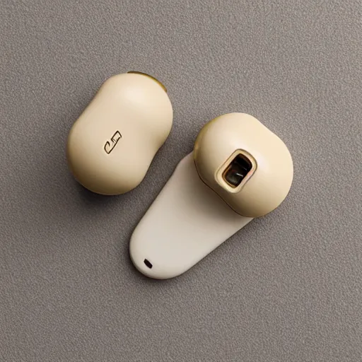 Image similar to a single beige truly wireless earbud with gold accents, beige case, studio, product photo