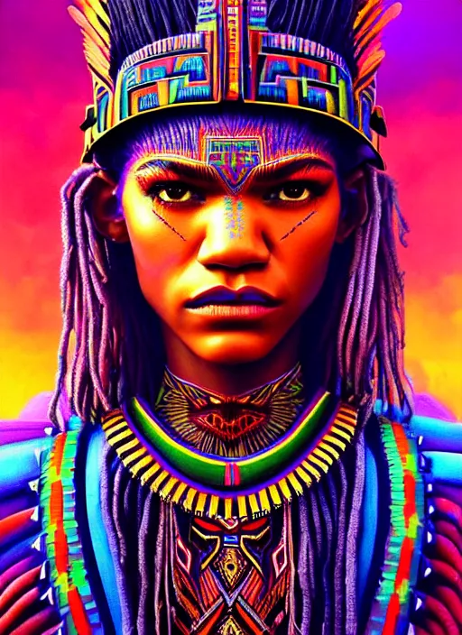 Prompt: portrait of zendaya, hyper detailed ultra sharp aztec shaman warrior. trending on artstation, warpaint aesthetic, bloodwave, colorful, psychedelic, ornate, intricate, digital painting, concept art, smooth, sharp focus, illustration, art by artgerm and greg rutkowski and h. r. giger, 8 k