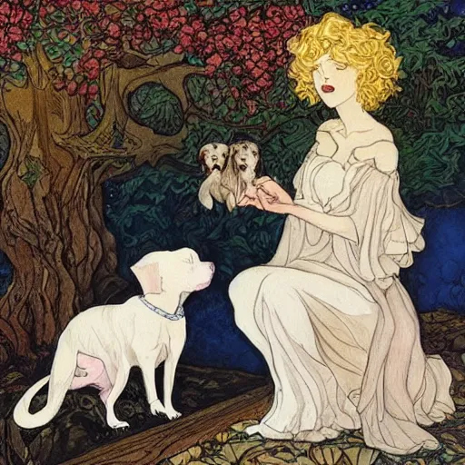 Image similar to pretty girl with curly blonde hair pets a white pitbull sitting next to her, painting by rebecca guay