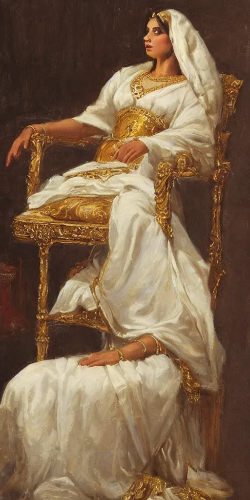 Image similar to romantic period style highly atmospheric oil painting of a beautiful middle eastern princess lounging on a chair, wearing a golden veil