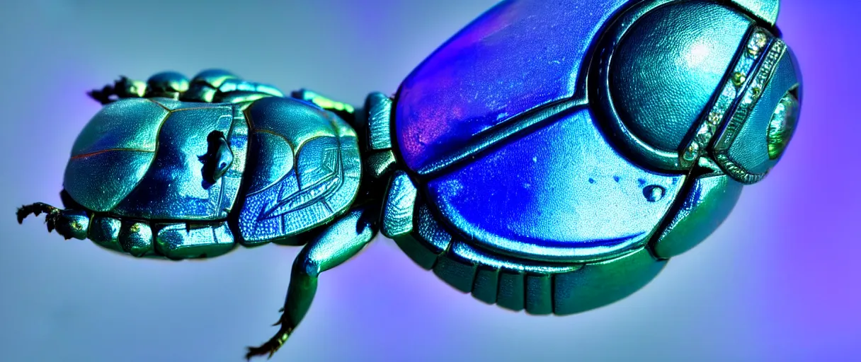 Image similar to high quality close-up photo scarab!! jeweled pearlescent gorgeous intricate moody blue lighting low angle hd 8k sharp shallow depth of field