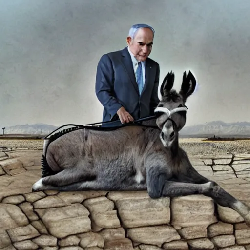 Image similar to donkey sitting on benjamin netanyahu picture, photorealistic, detailed, photograph