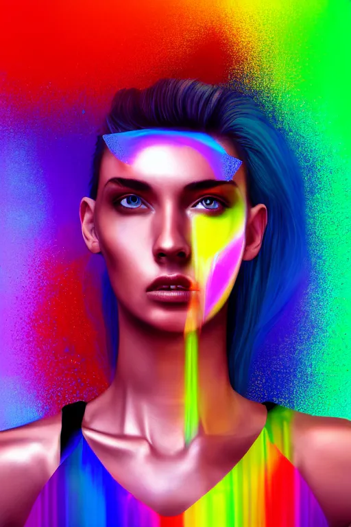 Prompt: a award winning half body portrait of a beautiful woman with stunning eyes in a croptop and cargo pants with rainbow colored ombre hairstyle head in motion and hair flying by thomas danthony, surrounded by whirling illuminated liquids and lines, outrun, vaporware, shaded flat illustration, digital art, trending on artstation, highly detailed, fine detail, intricate