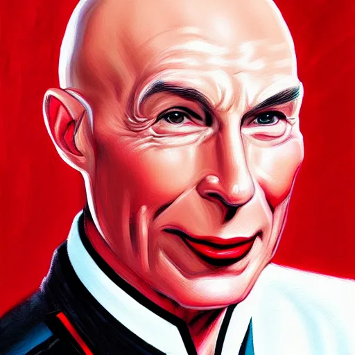 Prompt: a hyper real comic book style portait painting of captain picard with a red dress and lipstick