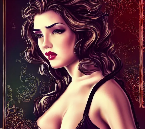 Prompt: sensual damsel in distress pin - up, deep focus, intricate, beautiful, highly detailed, digital art, medium shot, bust, tight fit