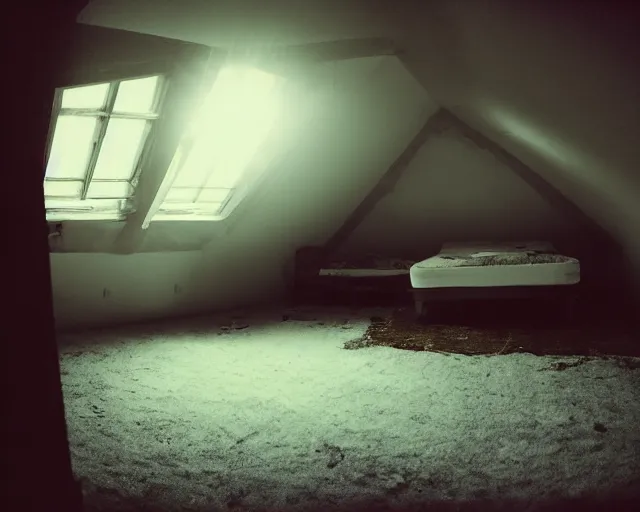 Prompt: A liminal space photo of an attic with 2 mattresses on top of each other laying on a dirty floor, there's a white window on the backwall of the attic with the sun shining through it, VHS camera, film