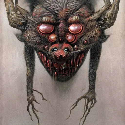 Image similar to horrific grotesque spider and hyena hybrid, beksinski style painting, highly detailed