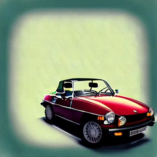 Image similar to vintage instamatic photo of a 1976 MGB, reflections, Isometric 3D, smooth 3D Illustration, Cinematic Matte Painting, volumetric lighting