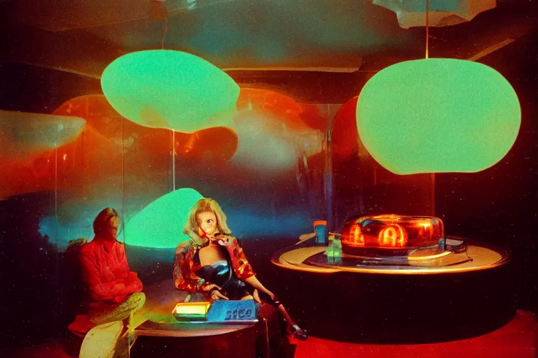 Prompt: portrait a woman wearing discowear sitting inside of an unlit lit 1970s luxury underwater chinese restaurant with a soviet computer console on the wall, a suspended fireplace, large windows, two lava lamps, an exterior of deep-sea bioluminescent species, ektachrome photograph, volumetric lighting, f8 aperture