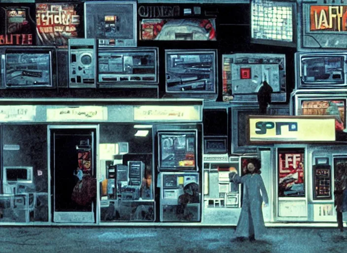 Image similar to cinematic shot of backlit windows of a narrow used electronics store where octavia spencer looks for an old synthesizer in the cramped messy aisles,, iconic scene from the paranoid thriller sci fi film directed by stanley kubrick, set in the near cyberpunk future, anamorphic cinematography, beautiful composition, color theory, leading lines, photorealistic, volumetric lighting