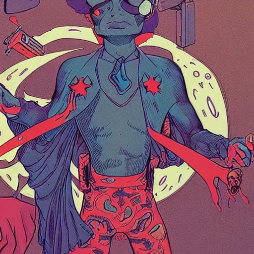 Image similar to a powerful psychic man emitting psychic energy, psychic powers, powers, artgerm, jamie hewlett, james jean, moebius, geof darrow, detailed, highly detailed, aesthetic!!, fantasy vibe,