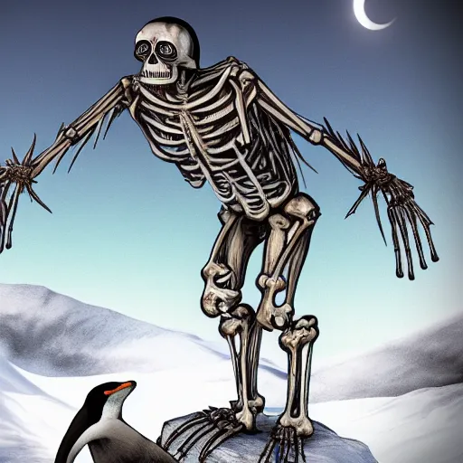 Image similar to end of days skeleton overlords enslaves penguin-human hybrids, landscape, 4k, detailed, cartoon