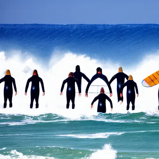 Prompt: worshippers in white robes belonging to the cult of the surfers, surfing in waves, standing on surfboards, surfing in the face of a tsunami, high detailed colors, bright deep blue