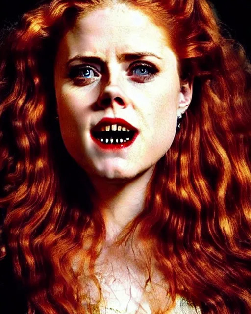 Image similar to style of tintoretto : : gorgeous vampire amy adams : : sharp teeth fangs, open mouth sneer : : symmetrical face, symmetrical eyes : : gorgeous red hair : : magic lighting, low spacial lighting : :