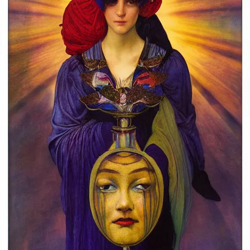 Prompt: queen of twilight with her lantern, by Annie Swynnerton and Diego Rivera and Tino Rodriguez and Maxfield Parrish, elaborate headdress and embroidered velvet, iridescent beetles, rich color, dramatic cinematic lighting, extremely detailed