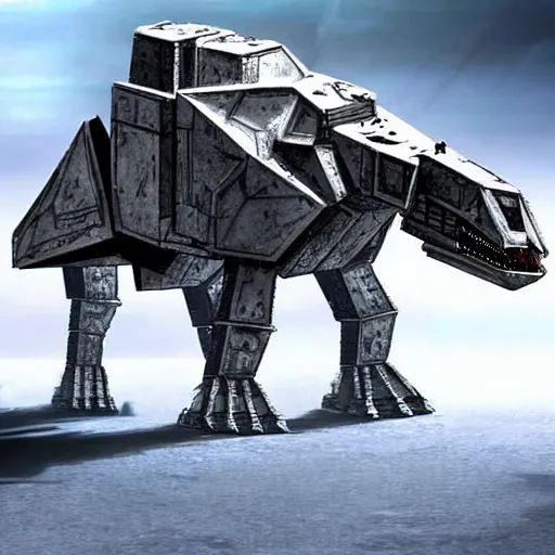 Image similar to a fusion between the tarrasque and an AT-AT, flat grey color, completely metal, gun turrets on shoulders, walking across ice planet, hyper-realistic CG