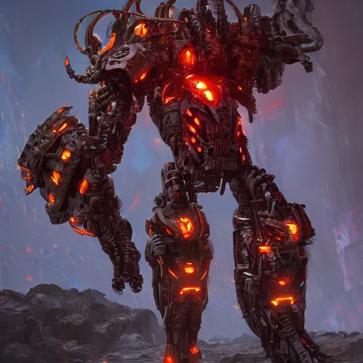 Image similar to an inferno mech from hell, au naturel, hyper detailed, digital art, trending in artstation, cinematic lighting, studio quality, smooth render, unreal engine 5 rendered, octane rendered, art style by klimt and nixeu and ian sprigger and wlop and krenz cushart