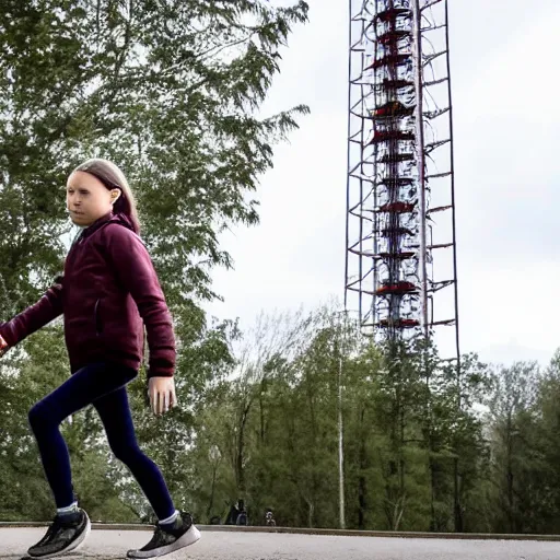 Image similar to photo of greta thunberg being chased by man with short brown curly hair at the top of a very tall tower