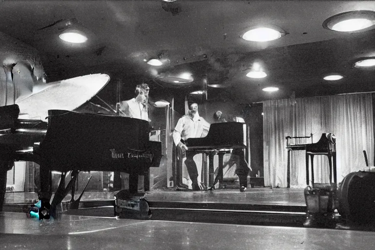 Prompt: A 1960s photograph of a smoky jazz club, late at night, a piano player is alone on stage, lit by a single dramatic spotlight, Kodak Tri-X, ground-level shot, grainy, Library of Congress archive,