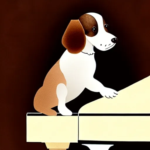 Prompt: a cute brown and white spaniel playing a grand piano, illustration, hand draw