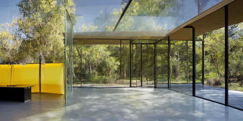 Prompt: interior photograph of a crystalline glass house with thin wood structures. Translucent yellow mesh tarps hang from the glass walls and glass ceilings. The house glows with daylight, volumetric lighting. Grasses and bushes, sweet acacia trees, mesquite trees in background. Contemporary concrete kitchen counters and plywood shelves. ultra wide shot, coronarender, 8k, photorealistic