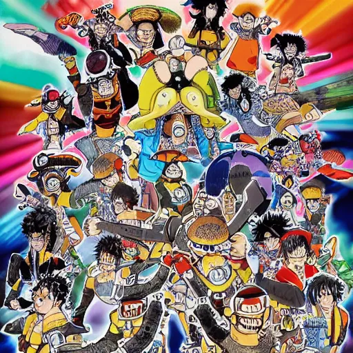 Image similar to a high detalied color splashpage artwork of a group of mechas controled by young manga characters, drawed by Eiichiro Oda, one piece