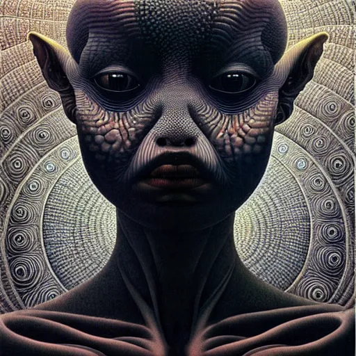 Image similar to ultra realist soft painting of a single attractive alien female, black scales, symmetry accurate features, very intricate details, focus, curvy, artstyle Zdzisław Beksiński, award winning