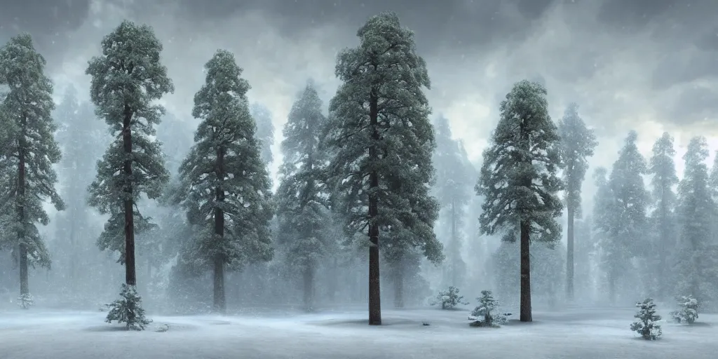 Prompt: A hyperrealistic concept art of a very beautiful blizzard in prehistoric civilization, lots of Giant sequoia trees, stunning massive ornately 3d render inspired art by Renato muccillo and Andreas Rocha and Johanna Rupprecht + symmetry + natural volumetric lighting, 8k octane beautifully detailed render, post-processing, highly detailed, intricate complexity, epic composition, magical atmosphere, cinematic lighting + masterpiece, trending on artstation