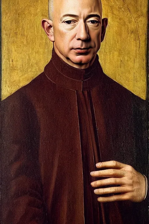 Prompt: 1 4 0 0 s renaissance portrait of jeff bezos!!! oil painting by jan van eyck, northern renaissance art, oil on canvas, wet - on - wet technique, realistic, expressive emotions, intricate textures, illusionistic detail