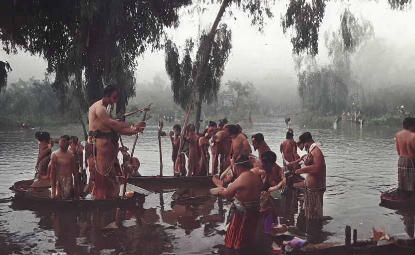 Prompt: a misteriuos colored old film photography of people doing an aztec ritual, xochimilco river, hazy, humid, photorealistic,