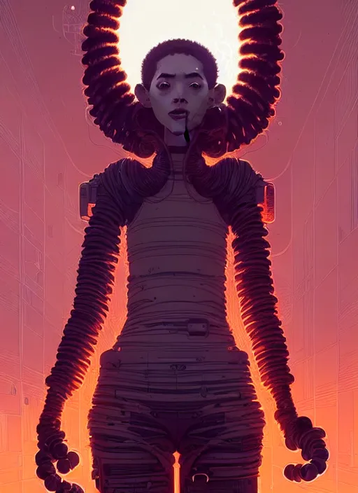 Prompt: highly detailed portrait of an android long curly fire hair tribal lady, stray wiring by atey ghailan, james gilleard, by joe fenton, by greg rutkowski, by greg tocchini, by kaethe butcher, 4 k resolution, gradient red, orange, black and white color scheme!!! ( ( burning flaming robotic dystopian city background ) )