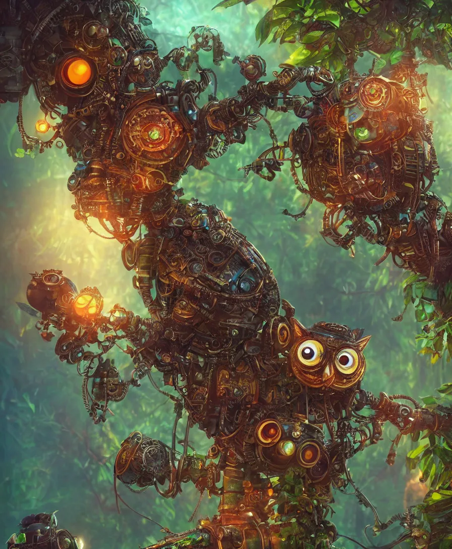 Prompt: beautiful small steampunk robot-owl in the deep jungle, with neon colors big eyes, cinematic view, 8k, ultra realistic, vibrant colors, photo realism, trending artstation, octane render, volumetric lighting, high contrast, intricate, highly detailed, digital painting, by Artgerm