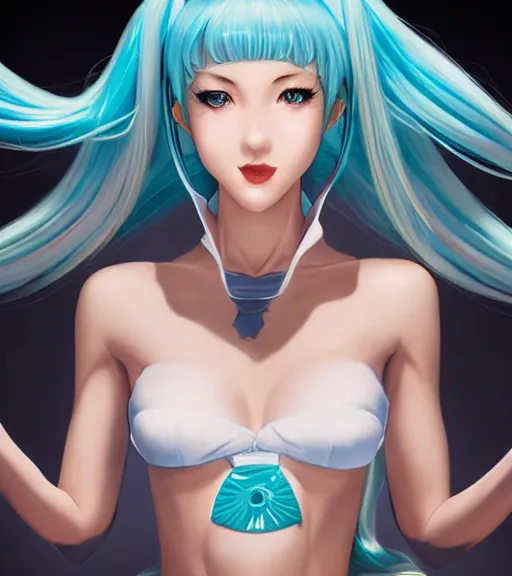 Prompt: Hatsune miku by artgerm, magali villeneuve, Gil Elvgren, Earl Moran, Enoch Bolles, symmetrical shoulders