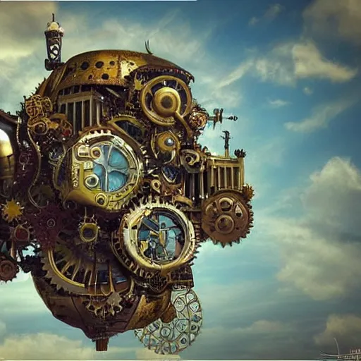 Image similar to flying city in a mechanical flower, sky, steampunk!!!, fantasy art, steampunk, masterpiece, octane