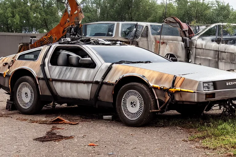 Image similar to rusty, derelict 2 0 2 2 delorean time machine being dragged by a tow truck