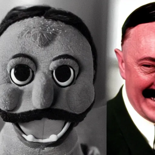 Image similar to A still of Adolf Hitler as a smiling muppet, 4k, photoreal, photograph, highly detailed, epic lighting, award winning